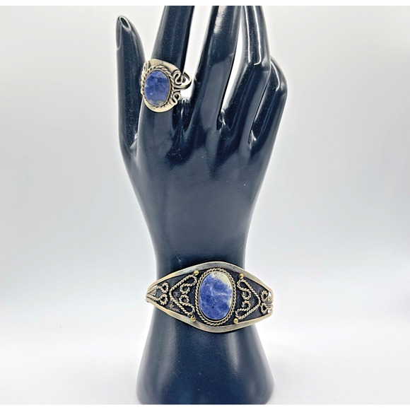 Vintage Alpaca Silver Sodalite Ring & Bracelet Set Adjustable Boho Southwestern - Picture 1 of 11